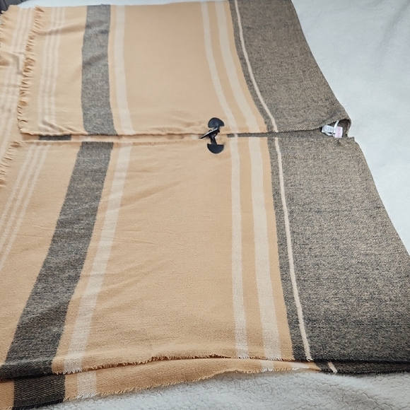 Striped Tan and Gray Poncho with Toggle Closure And Fringe - Picture 4 of 9